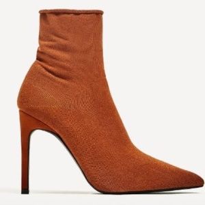 Zara brick orange heeled pointed sock booties